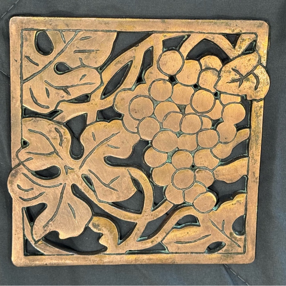 Decorative Copper Trivet with Grape Design. Made in Taiwan.